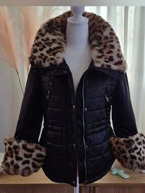 Andrew Marc Black Quilted Thermore Jacket with Leopard Faux Fur Collar & Cuffs